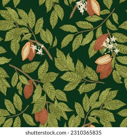Seamless pattern with cocoa plants. Green branches with fruits on a dark background. Vector botanical illustration.