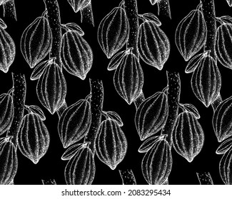Seamless pattern. Cocoa pods pattern vector illustration. Hand drawn cocoa tree sketch. Vintage Design Background. Cacao beans. Vintage illustration.