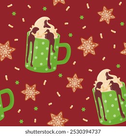 Patrón sin fisuras. Cacao con crema batida, chocolate caliente y malvaviscos. Pan de jengibre. Bebida acogedora. Ilustración vectorial en el estilo plano.