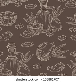 Seamless pattern with coconut and bottle of coconut oil. Vector hand drawn illustration 