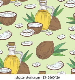 Seamless pattern with coconut and bottle of coconut oil. Vector hand drawn illustration