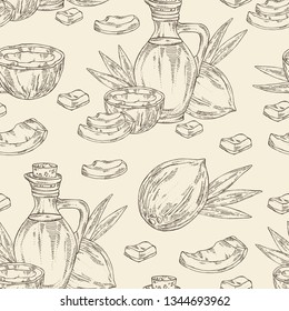 Seamless Pattern With Coconut And Bottle Of Coconut Oil. Vector Hand Drawn Illustration