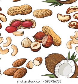 Seamless pattern of coconut, cashew, peanut, hazelnut, almond, Brazil nuts on white background, sketch style vector illustration. Mixed nuts seamless pattern, background, backdrop design