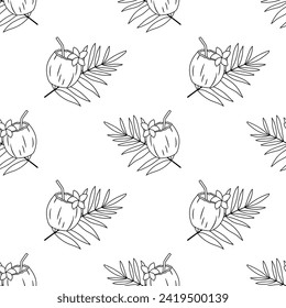 Seamless pattern with coconut cocktail with straw, flower and palm leaf isolated on white background. Tropical drink in half of coconut vector line design.