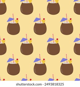 Seamless pattern of coconut cocktail with straw, umbrella and fruit. Summer design for card, poster, banner, fabric and print. Vector illustration