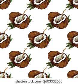 Seamless pattern with coconut cocktail in tropical hand drawn sketch style