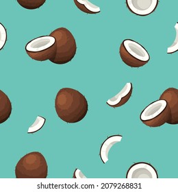 Seamless pattern with coconut fruit and nut segments, half, cut slice background. Summer fruits for healthy lifestyle. Tropical food, organic natural product. Vector illustration