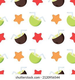 Seamless pattern of coconut fruit and starfish on a beach theme, on a white background