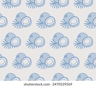 Seamless pattern of coconut fruits with coconut leaves. Line art, retro. Plants and herbs for cosmetics.	
