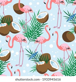Seamless pattern of coconut, half, palm leaves and pink flamingos on blue background. Vector illustration.
