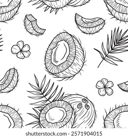 Seamless pattern coconut and half with palm leaf branch in black on white background. Hand drawn vector sketch illustration in doodle engraved vintage line art. Cocktail, dessert ingredient, perfume