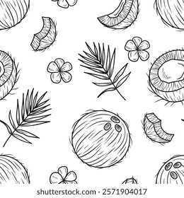 Seamless pattern coconut and half with palm leaf branch in black on white background. Hand drawn vector sketch illustration in doodle engraved vintage line art. Cocktail, dessert ingredient, perfume