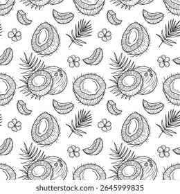 Seamless pattern coconut and half with palm leaf branch in black on white background. Hand drawn vector sketch illustration in doodle engraved vintage line art. Cocktail, dessert ingredient, perfume