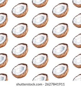 Seamless  pattern of coconut halves on white background. Perfect for tropical packaging, summer designs, fabric, and food branding. Hand-painted and fresh island vibe.