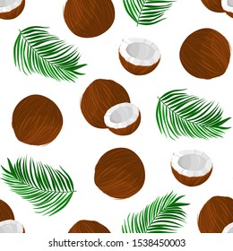 Seamless pattern with coconut and leaves on white background.