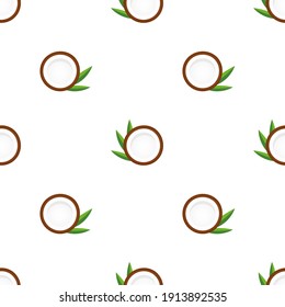 Seamless pattern with coconut and leaves. White background with tasty coconuts. Vector summer illustration
