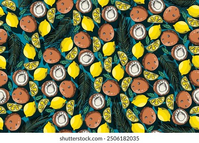 seamless pattern coconut and lemon vector drawing