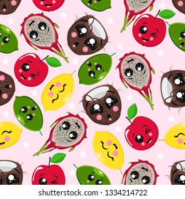 seamless pattern with coconut, lime, apple, dragon fruit - vector illustration, eps