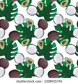 seamless pattern with coconut, mango and tropical leaves