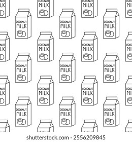 Seamless Pattern with Coconut milk. Box Carton packaging. Outline, Doodle, Line art. Vector flat illustration.