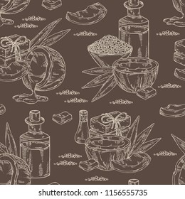 Seamless pattern with coconut, coconut oil, soap and bath salt . Cosmetic and medical plant. Vector hand drawn illustration. 