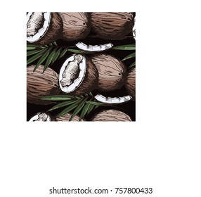 Seamless pattern with coconut on black background. Hand drawing illustration. Vector illustration. Cosmetic, food, wallpaper design.
