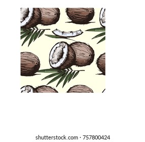 Seamless pattern with coconut on Yellow background. Hand drawing illustration. Vector illustration. Cosmetic, food, wallpaper design.

