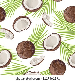 Seamless pattern with coconut and palm leaves isolated on white background. Whole coconut and piece. Vector illustration in cartoon flat style.