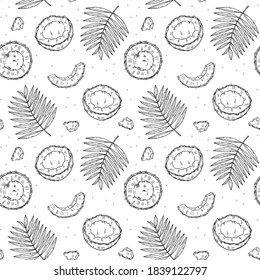 Seamless pattern coconut, palm leaves, pieces of coconut on a white background. Doodle black outline style.