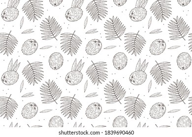Seamless pattern coconut, palm leaves. Brown outline on a white background. Doodle style.