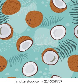 Seamless pattern with coconut and palm leaves. Tropical abstract summer print. Vector graphics. svg
