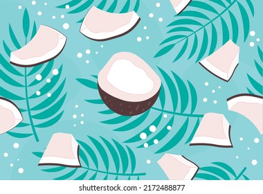 Seamless pattern with coconut and palm leaves. Healthy and delicious food. Pieces of exotic fruit on blue background. Image for advertising tropical products. Cartoon flat vector illustration.