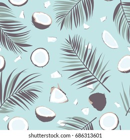 Seamless pattern with coconut and palm leaves. Tropical pattern background. Vector illustration