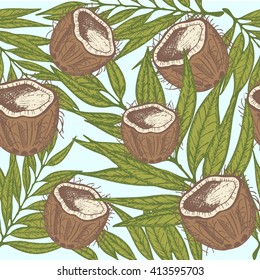 Seamless pattern with coconut and palm leaves.Summer tropical print background texture. .