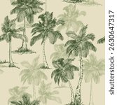 Seamless pattern with coconut palm trees and tropical plants. Toile de Jouy style. Hand drawn vector illustration.
