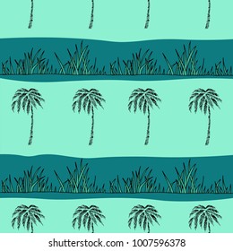 Seamless Pattern with Coconut Palm Trees. Endless Print Silhouette Texture. Ecology. Forest. Hand Drawing. Retro. Vintage Style - vector