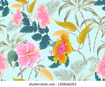 Seamless pattern with coconut palm trees, hibiscus and plants on blue background. Vector patch for wallpapers, fabric, surface textures, textile.