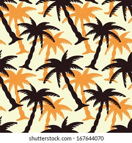 Seamless Pattern with Coconut Palm Trees. Endless Print Silhouette Texture. Ecology. Forest. Hand Drawing. Retro. Vintage Style - vector