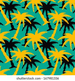 Seamless Pattern with Coconut Palm Trees. Endless Print Silhouette Texture. Ecology. Forest. Hand Drawing. Retro. Vintage Style - vector