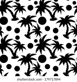 Seamless Pattern with Coconut Palm Trees in black and white. Endless Print Silhouette Texture. Ecology. Forest. Hand Drawing. Retro. Vintage Style - vector 