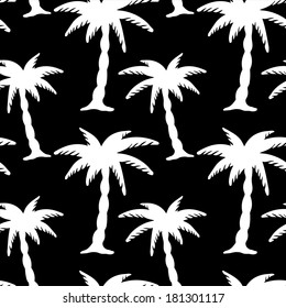 Seamless Pattern with Coconut Palm Trees in Black and White. Endless Print Silhouette Texture. Forest. Hand Drawing. Retro. Vintage Style - vector 