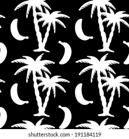 Seamless Pattern with Coconut Palm Trees and Bananas in Black and White. Endless Print Silhouette Texture. Food. Fruits. Hand Drawing. Cartoon Style - vector 