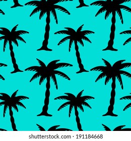 Seamless Pattern with Coconut Palm Trees in Black and Blue. Endless Print Silhouette Texture. Ecology. Forest. Jungle. Hand Drawing. Cartoon Style - vector 