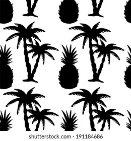 Seamless Pattern with Coconut Palm Trees and Pineapples in Black and White. Endless Print Silhouette Texture. Food. Fruits. Hand Drawing. Cartoon Style - vector 