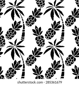 Seamless pattern with coconut palm trees, pineapples in black and white. Summer print, repeating background texture 