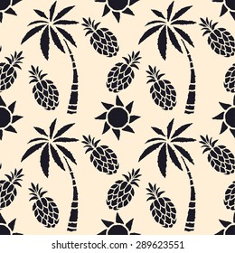 Seamless pattern with coconut palm trees, pineapples, sun. Summer print, repeating background texture 