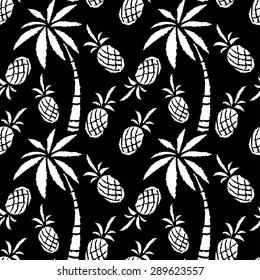 Seamless pattern with coconut palm trees, pineapples in black and white. Summer print, repeating background texture 