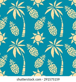 Seamless pattern with coconut palm trees, pineapples, sun. Summer print, repeating background texture 