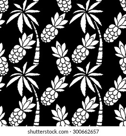 Seamless pattern with coconut palm trees, pineapples in black and white. Summer print, repeating background texture 