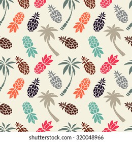 Seamless pattern with coconut palm trees, fruits pineapples. Colorful repeating background. Cloth design. Wallpaper, wrapping